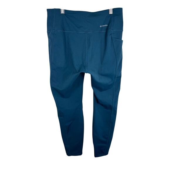 Columbia Teal Blue Cropped Skinny Stretchy Athletic Leggings Pockets Size L - Picture 2 of 6
